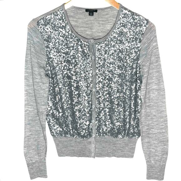 ANN TAYLOR Women’s Light Gray Merino Wool and Silver Sequin Cardigan - Picture 1 of 3